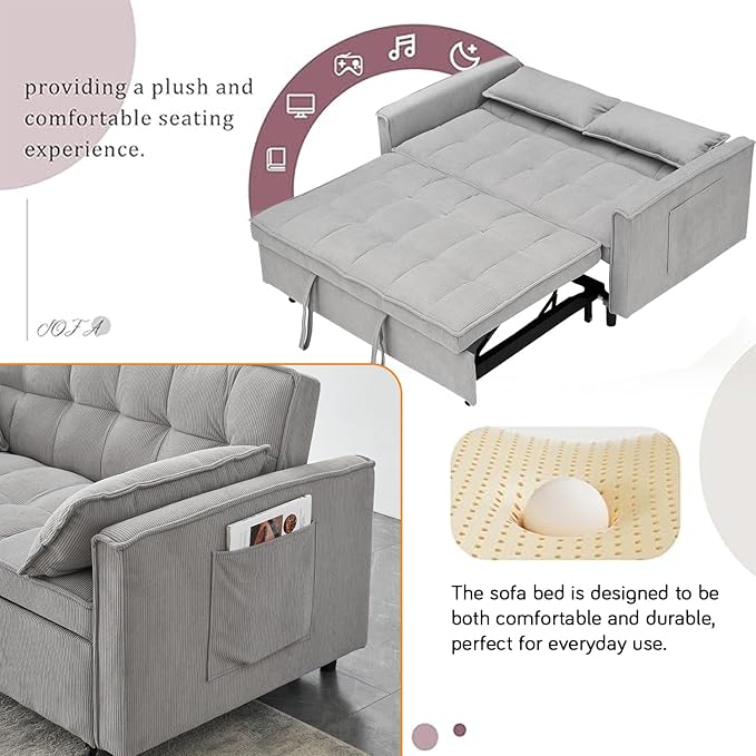 3 in 1 Corduroy Convertible Sofa Bed Pull Out Couch Bed with Reclining Backrest and 2 Pillows 54 Full Size Loveseat Sleeper Sofa Futon Couch Beds Couches for Small Spaces Living Room (Gray)