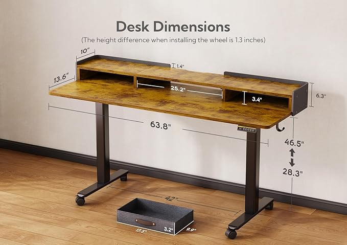 Claiks Standing Desk with Drawers Adjustable Stand Up Electric Standing Desk Adjustable Height with Storage Shelf and Splice Board 63 Inch Rustic Brown