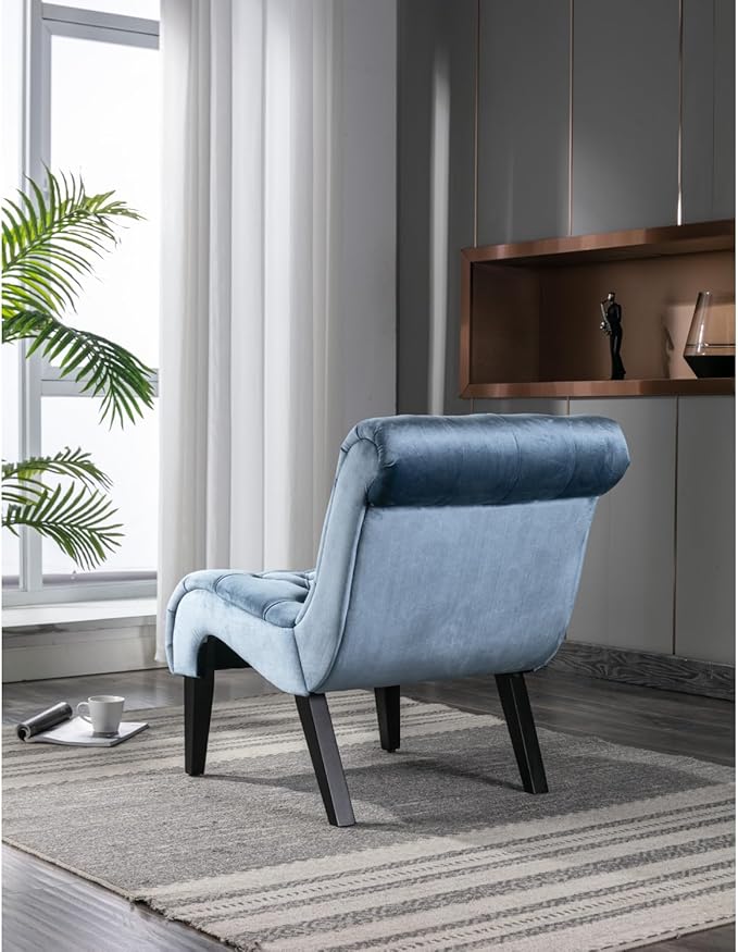 Modern Velvet Armless Accent Living Room Chair/Leisure Chair Upholstered Fabric Button Comfortable Chair with Wooden Legs for Bedroom Living Room Office (Light Blue Velvet)
