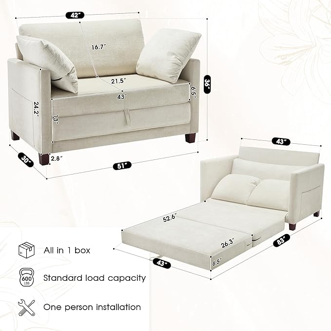 51 Convertible Sofa Bed 2 in1 Folding Sofa Bed Loveseat Sleeper Sofa for Small Spaces Fold Out Floor Couch with 2 Pillows for Apartment Living Room &amp Guest Room Beige Chenille Fabric
