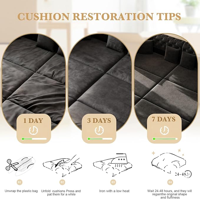 90.6'' Futon Sofa Bed Chesterfield Velvet Sleeper Sofa Convertible Floor L-Shaped Couch Tufted Back 4 Pillows Gold Edge Trim Deep Loveseat Couches for Living Room Apartment Gold Black