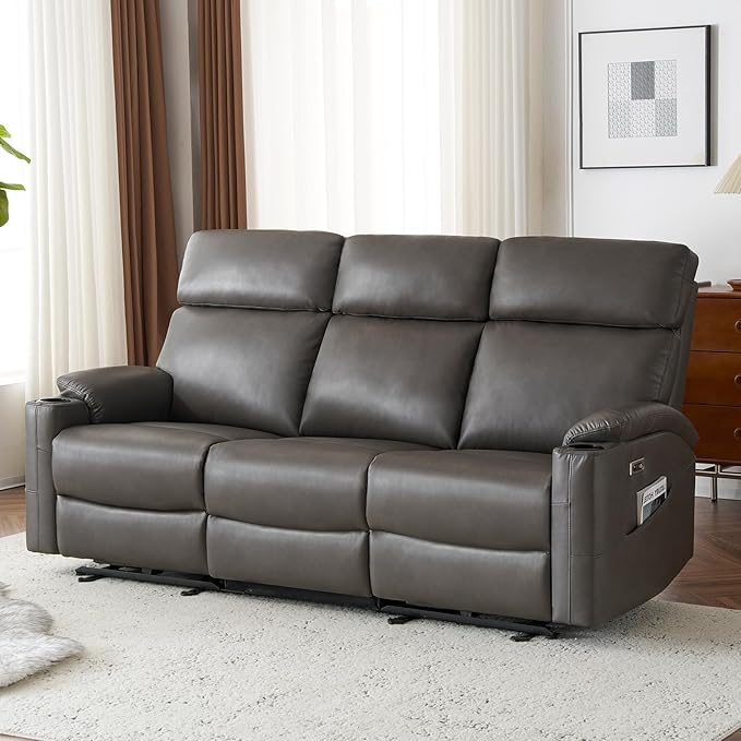 Power Reclining Sofa Electric 3-Seat Dual Recliner Couch with USB Ports Cup Holders Wall Hugger Sofa &amp Couch for Living Room Home Theater Apartment RV (Grey)