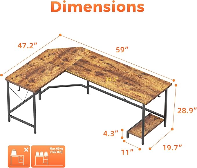 Mericonia 59 inch Large L Shaped Desk Simple Corner Gaming Desk with CPU Stand &amp Hooks Computer Desk for Home Bedroom &amp Office Workspace Dark Brown
