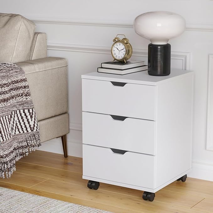 Hassyee 3-Drawer Vertical Filing Cabinet with Compact Storage Solution Rolling Wood Mobile File Cabinets with Four Casters for Home and Office (White)