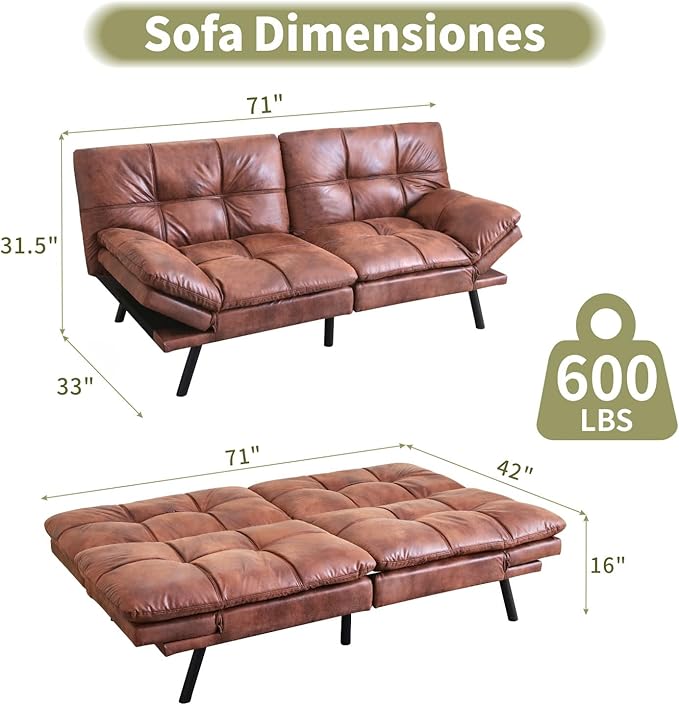 Vipbear 71 Futon Sofa Bed - Convertible Sofa Beds/Adjustable Backrest &amp Armrest Comfy Loveseat Sleeper for Small Spaces Apartments &amp OfficesFaux Leather Brown Futons