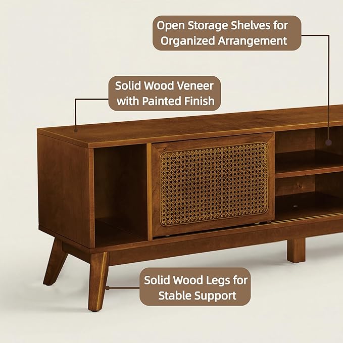 LKTART 68 Inch Mid Century Modern TV Stand with Rattan DoorsMCM Entertainment Center Media Console for 60/65/70/75 inch TVsLong Boho Television Stand for Living RoomLight Walnut