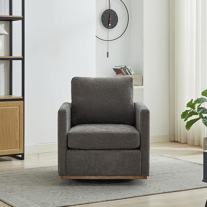 360° Swivel Accent Chair Square Modern Comfy Chair with Metal Base &amp Thicked Cushion Upholstered Lounge Reading Armchair Cloud Sofa Chairs for Living Room Bedroom Office Club(Chenille Charc