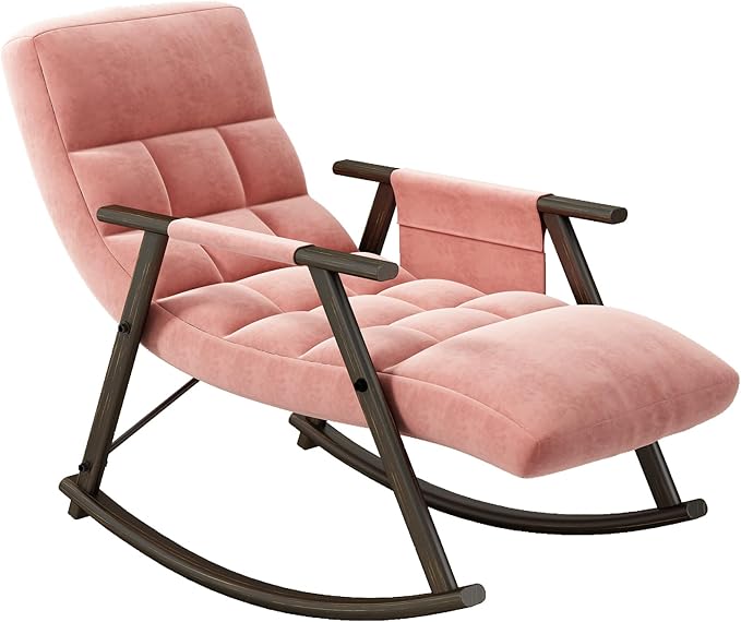LUMISOL Rocking Chair with Adjustable High Backrest and Footrest Collapsible Rocking Chair with Side Pockets Upholstered Rocking Chair for Living Room Bedroom Balcony Pink
