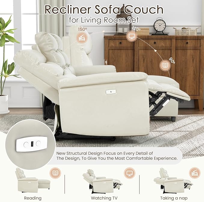 Esright Leather Power Reclining Sofa Set Reclining Sectional Couches with Storage Chaise Adjustable Backrest &amp Footrest L Shaped Pull Out Couch for Living Room Home Theater Apartment RV (Beige)