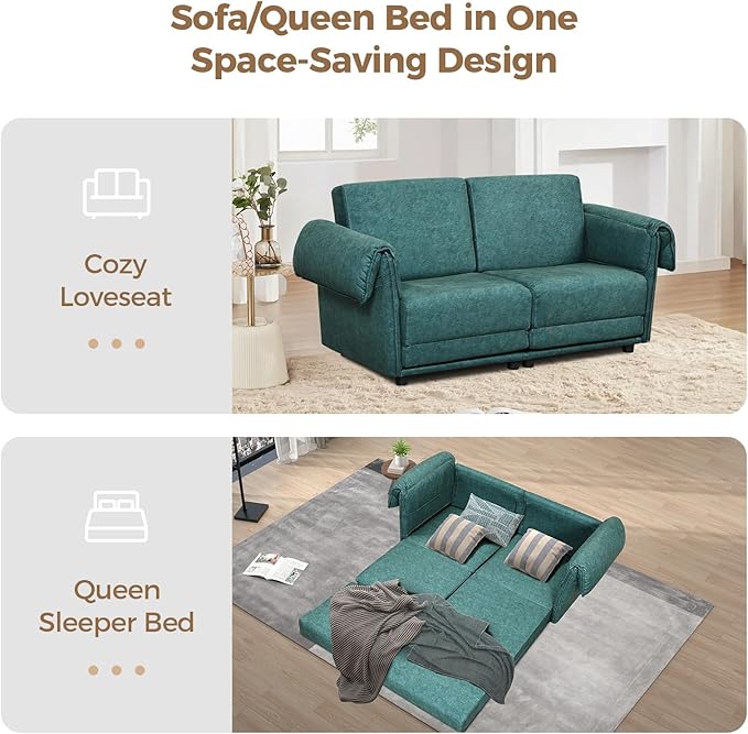 FHFO Convertible Couch Bed Queen 65 Loveset Small Couch for Small Spaces 3 in 1 Pull Out Sofa Bed Convertible Sleeper Sofa Comfy Sofabed for Living Room Bedroom Apartment (Green)