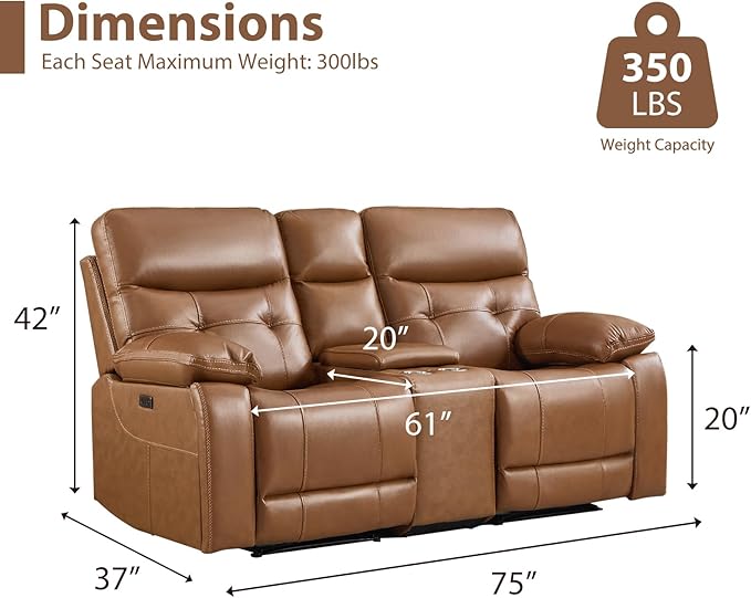 CANMOV Genuine Leather Power Recliner Loveseat 2 Seat Loveseat Reclining Sofa with Storage ConsoleHidden Cup HoldersModern Electric Recliner Couch Set for Living Room BedroomBrown