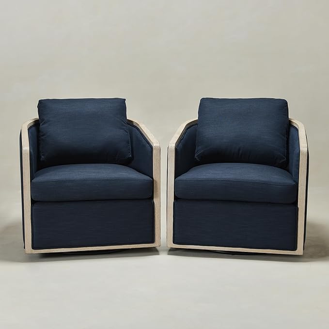 KINWELL Set of 2 Oak Wood Frame Modern Performance Fabric Swivel Barrel Armchair Mid Century Upholstered Accent Sofa Chair with Pillow Back for Living Room Lounge &amp Bedroom Indigo