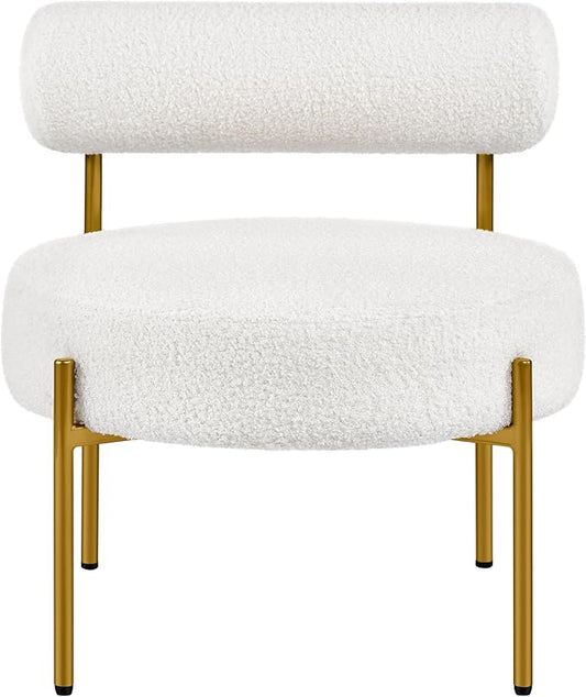 Topeakmart Modern Vanity Chair Boucle Fabric Accent Chair with Gold Metal Legs for Living Room Makeup Room White