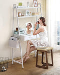KATHY&ampBOB Small Home Office Study Desk - Freestanding Ladder Design with Fabric Drawers &amp Side Bag - Modern Vanity Makeup Desk - 2 Tier Shelf &amp Computer Gaming Station (White)