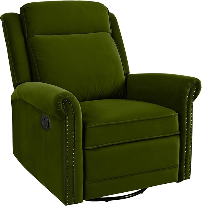 360° Swivel Recliner Chair with Adjustable Backrest Manual Rocking Recliner Home Theater Manual Recliner Chair with Metal Base and Velvet Fabric for Living Room (Green 2)