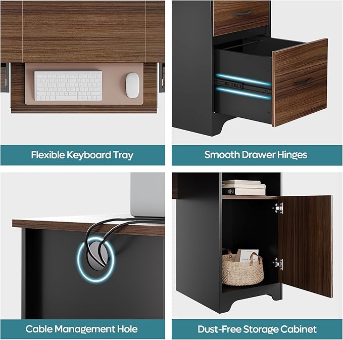 Bestier 59” Executive Desk with 2 Drawers Computer Desk with Storage Cabinet Industrial Wood Desk with File Drawer Keyboard Tray &amp 2 Pedestals for Home Office &amp Studio Cherry
