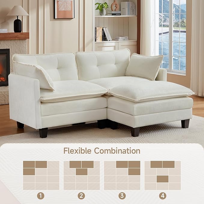 Modular Sectional Sofa 76.5 L-Shaped Chenille Comfy Sectional Couches for Living Room 2-Seater Cloud Couches with 1 Movable Ottomans Flexible Combination Modern Deep Seat Sofa (Beige)