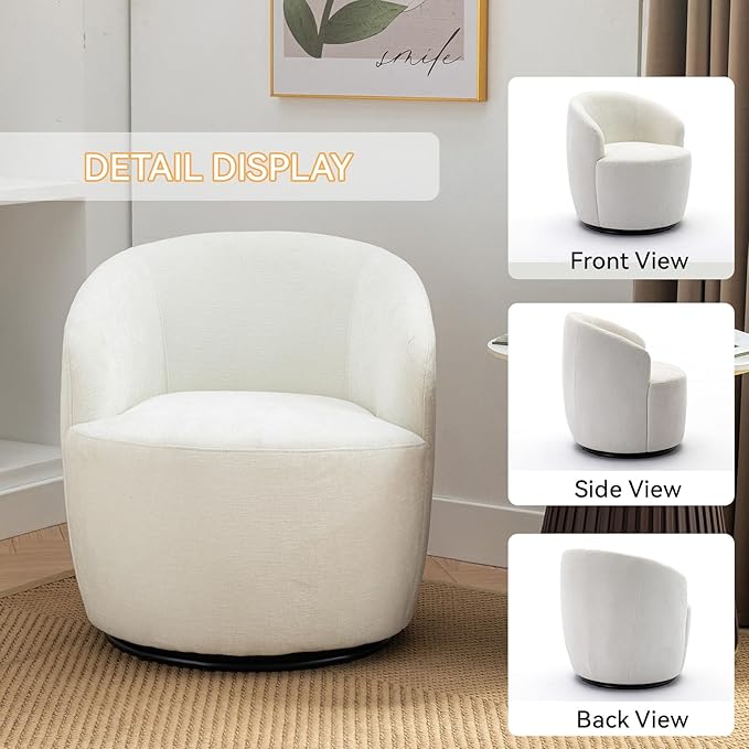 360 Degree Swivel Accent Chair Modern Barrel Vanity Chair with Back Comfy Single Circle Couch for Living Room Bedroom Reading Nook (Chenille White)