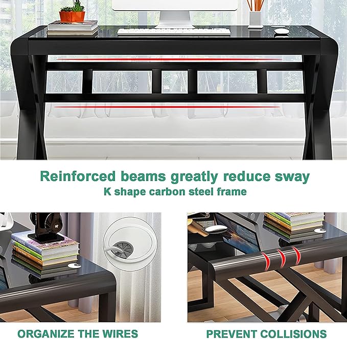SAMERY Computer Desk Home Office Desks 55.1 Inch Modern Simple Office Black Glass Desk Computer Table Study Gaming Writing Desk Fashion Strength Tempered Glass Office Laptop Desk