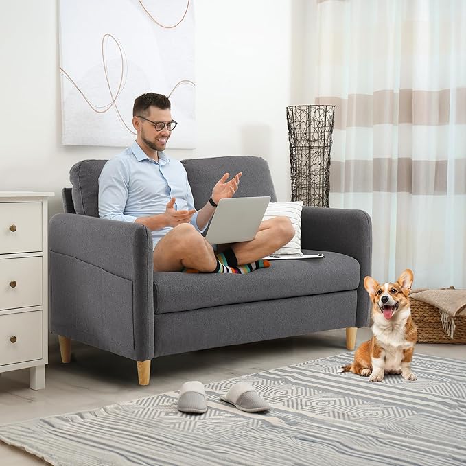VINGLI 47 Small Couch Dark Grey Linen Loveseat Sofa Mini Couch Mid Century Modern Decor Love Seat for Small Spaces Living Room Bedroom Play Room