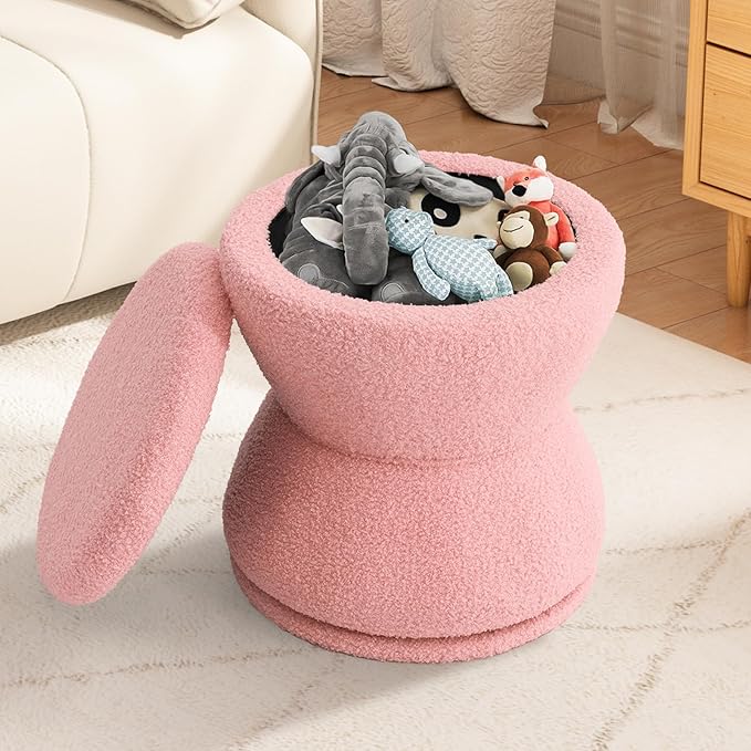 DHMAKER Round Storage Ottoman Swivel Teddy Vanity Stool ChiarModern Sherpa Footstool Makeup Chair Upholstered Footrest for Living Room Bedroom EntrywayPink