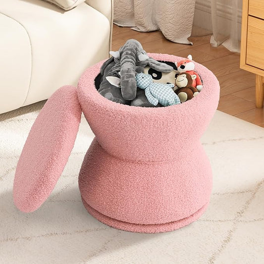 DHMAKER Round Storage Ottoman Swivel Teddy Vanity Stool ChiarModern Sherpa Footstool Makeup Chair Upholstered Footrest for Living Room Bedroom EntrywayPink