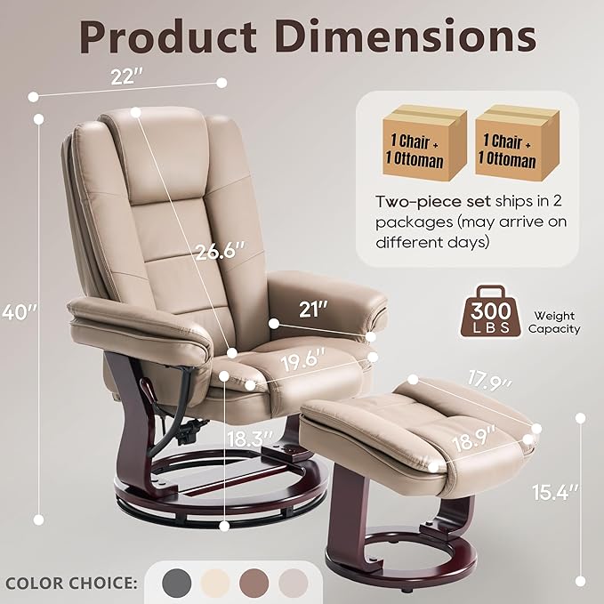 Argus Swivel Recliner with Ottoman PU Leather &amp Wood Base Reclining Chair with Footrest Ultra-Plush Double Foam for Living Room Bedroom and Office Set of 2