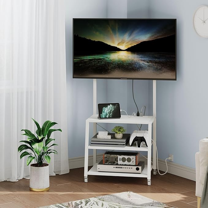 HOOBRO Rolling TV Stand with Mount and Power Outlet Up to 55 inch TV Corner Entertainment Center Small TV Stand with 3-Tier Storage Shelves for Living Room Bedroom White WW66UDS01