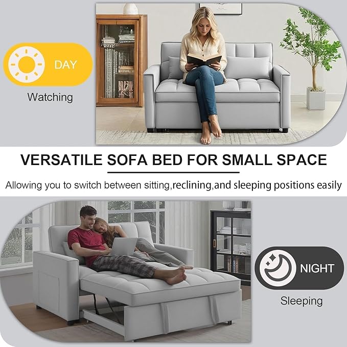 Convertible Sofa Bed Love Seat Sleeper Bed with Side Pockets 3 in 1 Velvet Fabric Pull Out Couch with Adjustable Backrest for Living Room Bedroom Apartment Light Gray