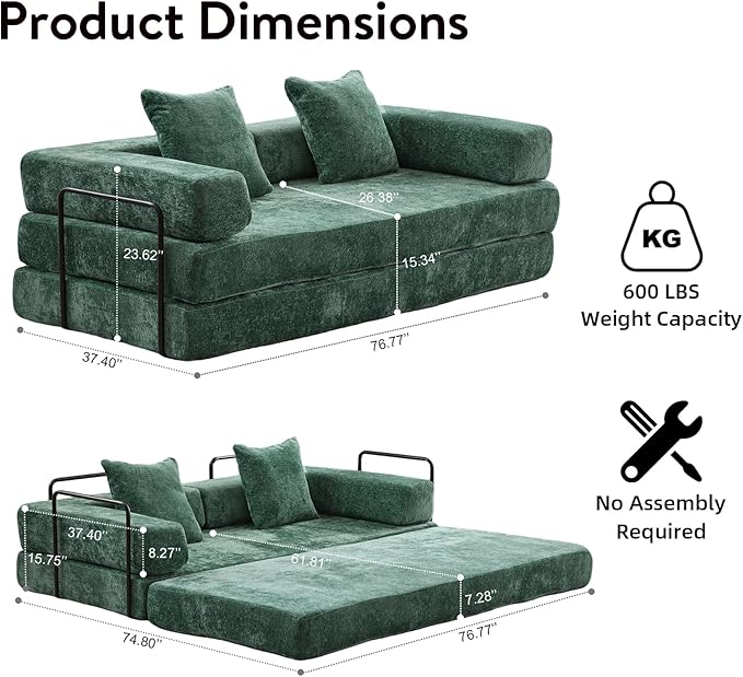 Folding Sofa Bed Convertible Sleeper Sofa Chenille Floor Couch with Pillows Fold Out Couch King Size Bed Futon Foldable Memory Foam Mattress for Living Room Bedroom Playroom (Green)