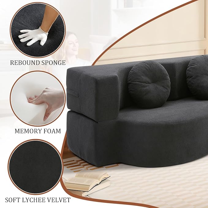 Convertible Folding Sofa Bed 75.5 Boneless Cloud Couch Loveseat Floor &amp Futon Lounge Sleeper Couches Lychee Velvet for Living Room Office Small Spaces No Assembly Required Black