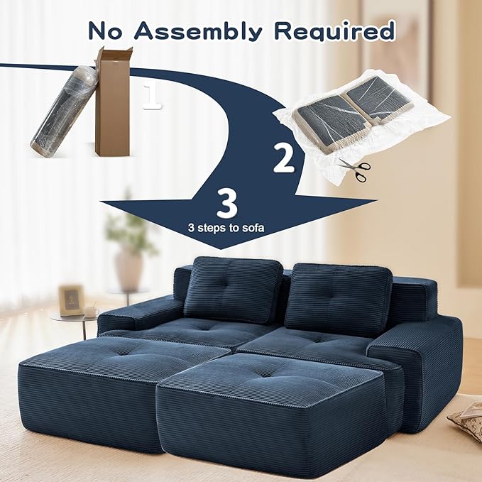 82 Modern Corduroy Boneless Love Seat Couches with 2 Ottomans 2 Seater Large Sectional Couches for Living Room Blue Cloud Modular Sectional Sofa Memory Foam Extra Deep Loveseat No Assembly