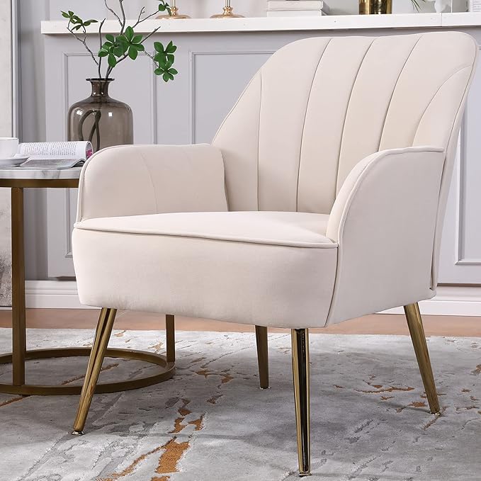 Velvet Accent Chair Set of 2Modern Comfy Upholstered Armchair Cozy Single Sofa Chairs with Gold Metal Legs for Living RoomReadingBedroomOffice(Beige)