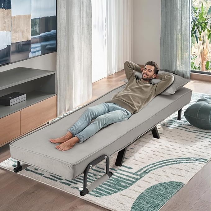 Convertible Sofa Bed Sleeper ChairSingle Person Chaise Lounge Couch with PillowUpholstered Lazy Bed with 6 Angles Adjustable BackrestFolding Sofa Arm Chair for Apartment/Office/Home (Light Gray)