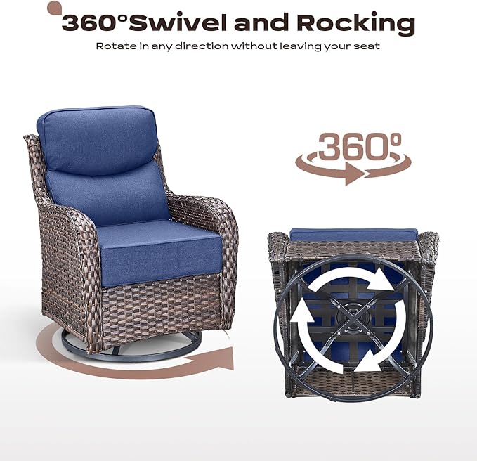Rilyson Outdoor Patio Furniture Set - Weather Resistant WickerHigh Back6 inch Cushions4 Piece Patio Furniture Set with Swivel Rocker Chairs and Ottomans for Deck Porch YardBrown/Blue