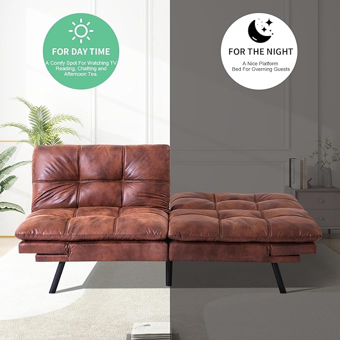 MUUEGM Futon Couch with 71 Adjustable High Density Memory Foam Futon Sofa Bed Modern Design Sofa Bed for Living Room Sleeping and Relaxing(Leather Brown)