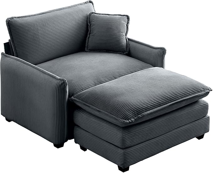 Oversized Deep Seat Single Sofa Chair 46 in Stylish Accent Couch Chair with Ottoman Footrest &amp One Throw Pillow Modern Upholstered Corduroy Fabric Comfy Armchair for Living Room Bedroom Grey
