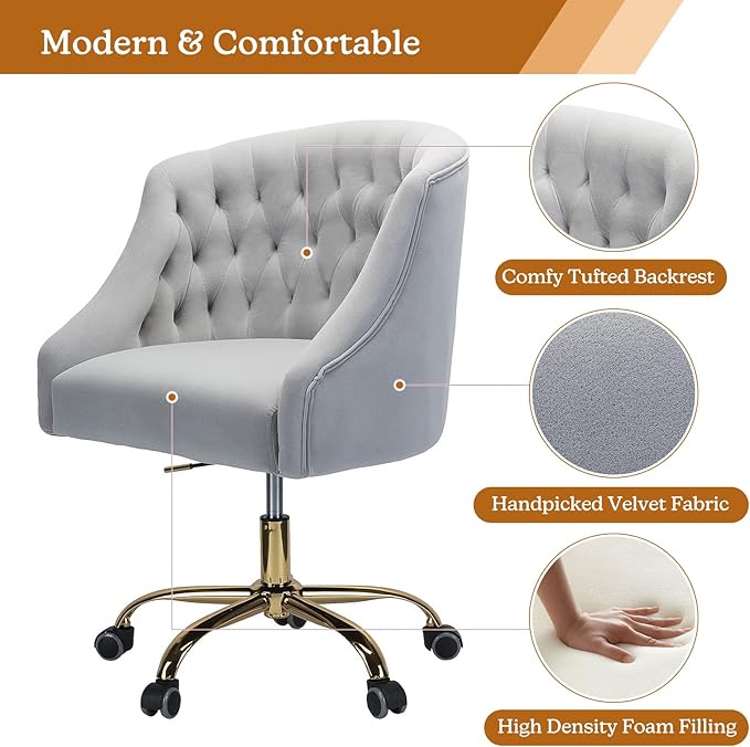 Velvet Home Office Chair with Gold Base Comfortable Modern Cute Desk Chair Adjustable Swivel Task Chair for Living Room Bedroom Vanity Study Grey