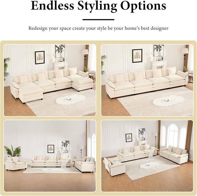 81.9 Oversized Beige Loveseat Sofa 2 Seater Large Sectional Couches for Living Room Chenille Fabric Modular Sectional Sofa with 2 Ottoman Deep Seat Wide Armrest Home Sofas Set Love Seat Couches