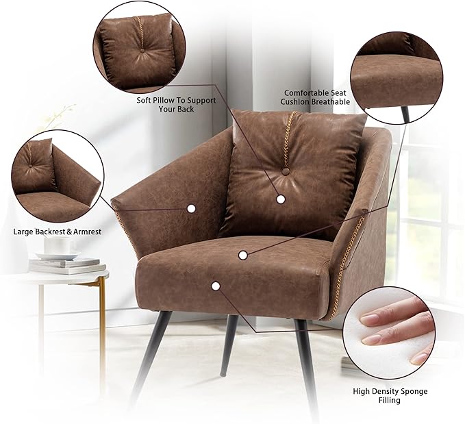 Alunaune Upholstered Brown Accent Chairs Set of 2 Modern Faux Leather Living Room Chairs Arm Chair Tub Bucket Club Chair Mid Century Large Lounge Chair Single Sofa for Bedroom
