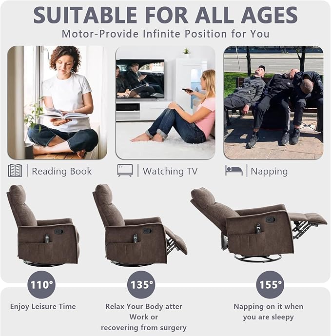 Massage Chair Recliner with Heat Swivel Rocking Chair Recliner with High Back Manual Nursery Recliners for AdultsSmall Recliner Chair for Small Spaces Living Room Bedroom Fabric (Dark Brown)