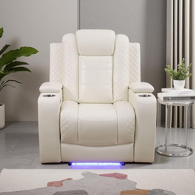 Power Theater Recliner Chair Cream White Leather Reclining Sofa Couch Chair Modern Comfy Recliner with Arm Storage/Cup Holder/USB Port for Living Room Furniture Office Home Theater