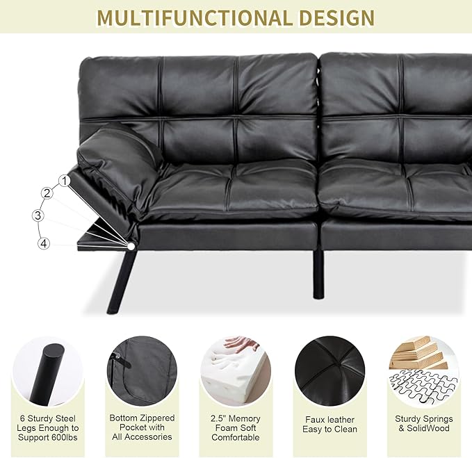 MUUEGM Convertible Futon Sofa Bed Memory Foam Futons Couch Bed 71 Adjustable Backrests and Armrests Sleeper Sofa Modern Love Seat Couch Bed for Living Room Small Space Office Matte Black