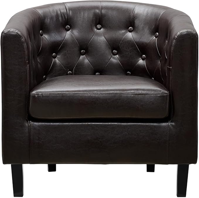 Naomi Home Emma Faux Leather Armchair Modern Tufted Barrel Accent Chair with Wooden Legs Wide Seat &amp Supportive Back for Living Room Bedroom or Office - Espresso