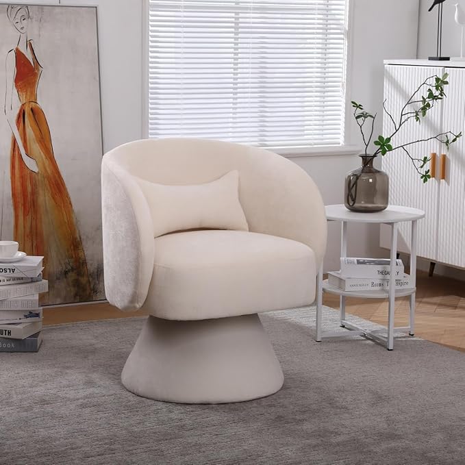 Swivel Accent Chair Swivel Barrel Chair with Pillow 360 Degree Swivel Armchair Round Club Chair for Living Room Bedroom Office Lounge (Beige+Linen)