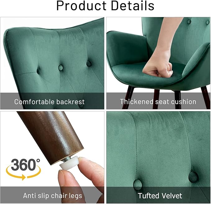 FurnitureR Velvet Accent Chair Modern Wingback Tufted Vanity Armchair Upholstered Tall Back with Arms Solid Wood Legs Lounge Leisure Chair for Living Room Bedroom Waiting Room Dark Green