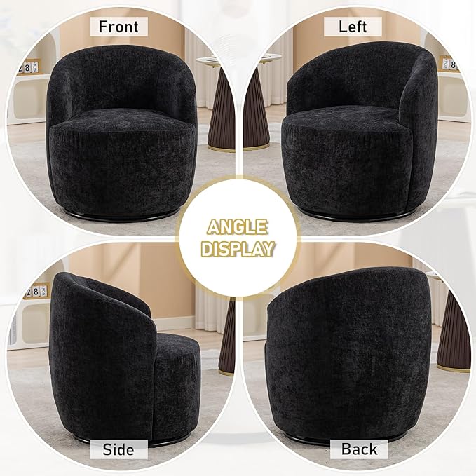 Swivel Accent Chair360 Degree Chenille Small Swivel Barrel ChairUpholstered Comfy Arm ChairModern Round Swivel Bucket ChairSingle Sofa Chair for Living RoomBedroomNursery(Black)