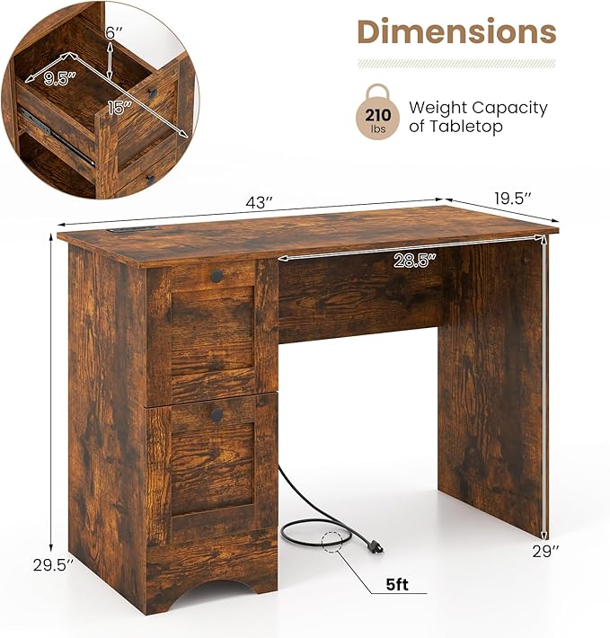 Nightcore 43” Modern Computer Desk Home Office Writing Desk with Power Outlet &amp 2 Storage Drawers PC Laptop Working Desk Workstation for Study Bedroom Living Room (Rustic Brown)