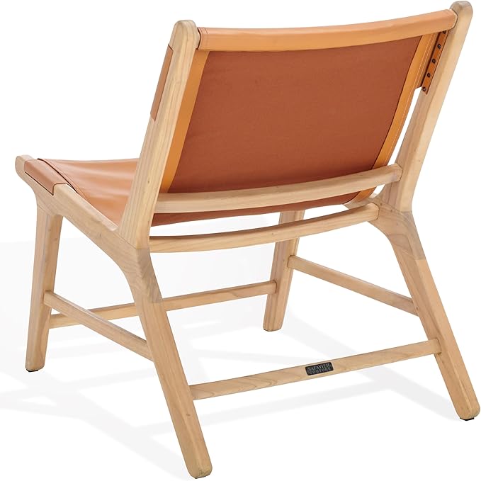 SAFAVIEH Couture Collection - Alanarose Tan &amp Natural Solid Teak Wood Accent Chair Modern Sling Style Leather Seat Fully Assembled (SFV1903D)