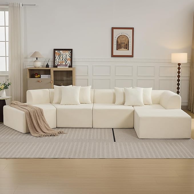 140''Oversized Cloud Velvet Curved Sectional Couch Boneless Couch with L-Shape Chaise Upholstered Compression Memory Foam Modular Sectional Sofa for Living Room No Assembly Required Beige
